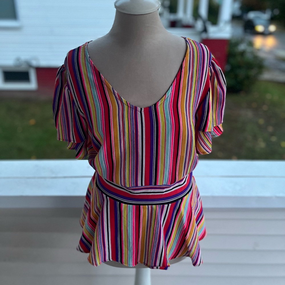 Yoyo 5 Striped Fit and Flare Blouse L Brights NY Boutique Summer Boho VGUC